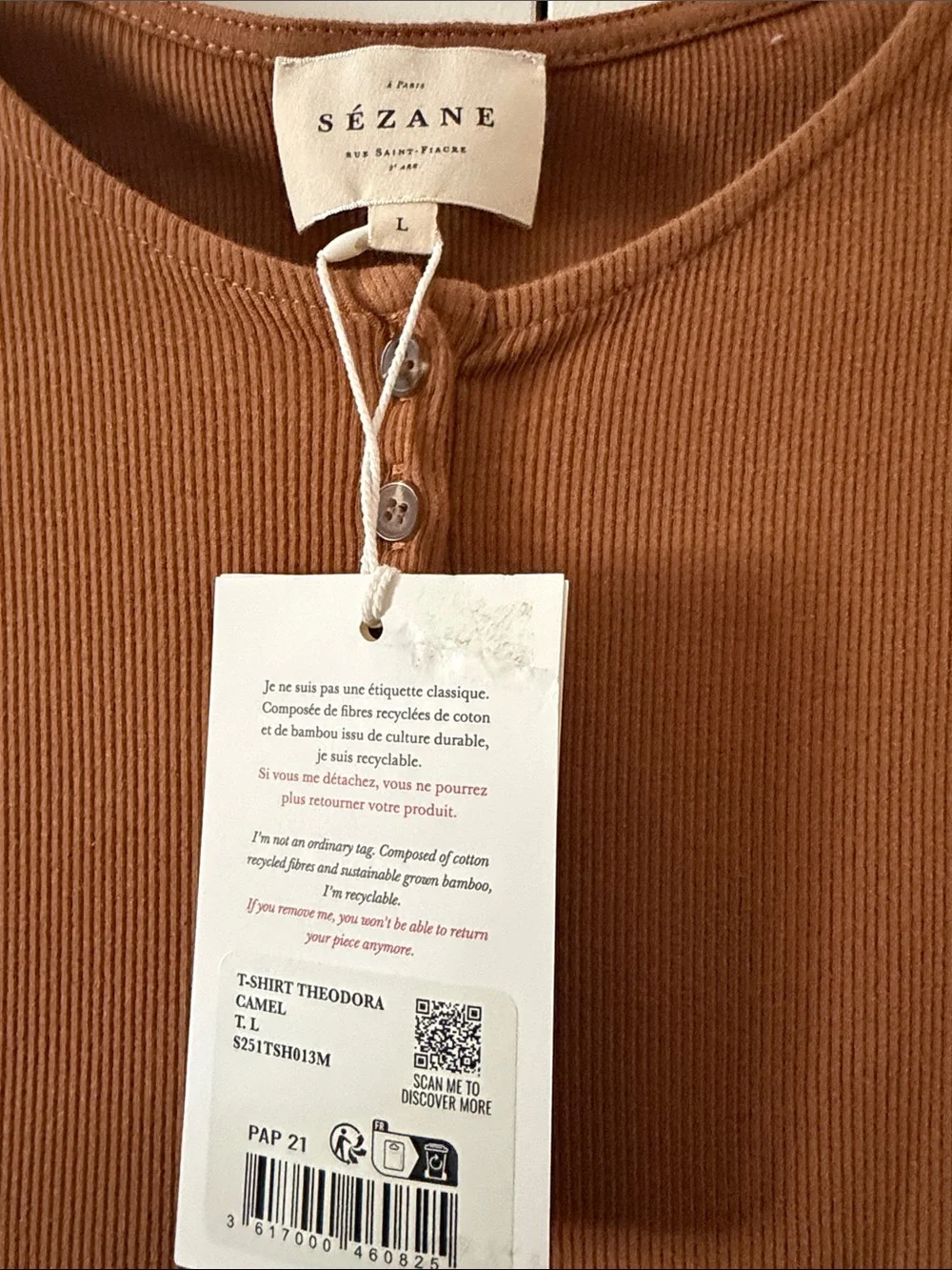 Sezane Cocoa Brown Ribbed Henley Tee - Picture 2 of 3